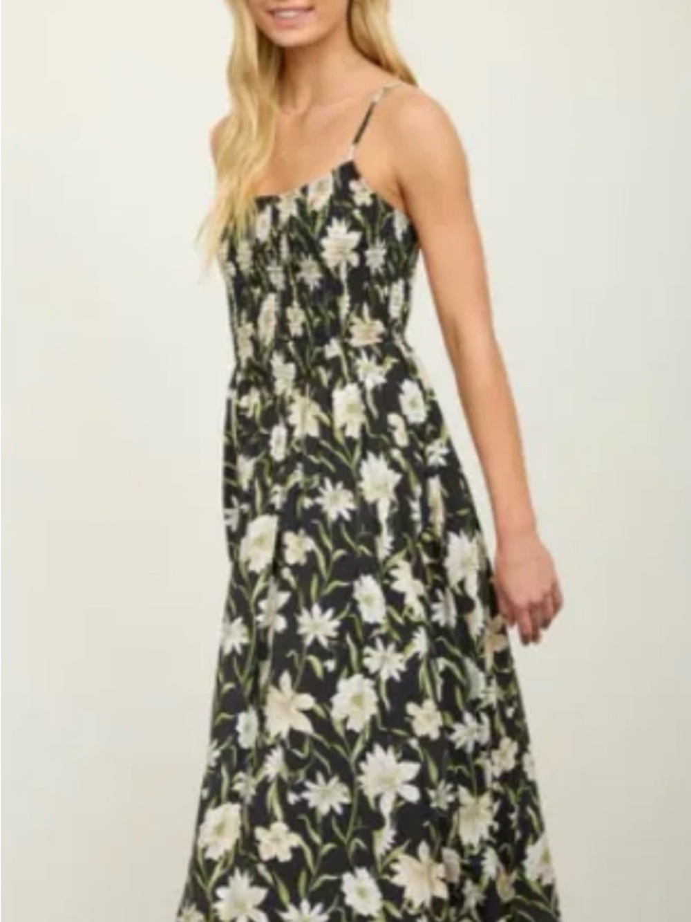 POL Blu Pepper Black Floral Smocked Midi Dress